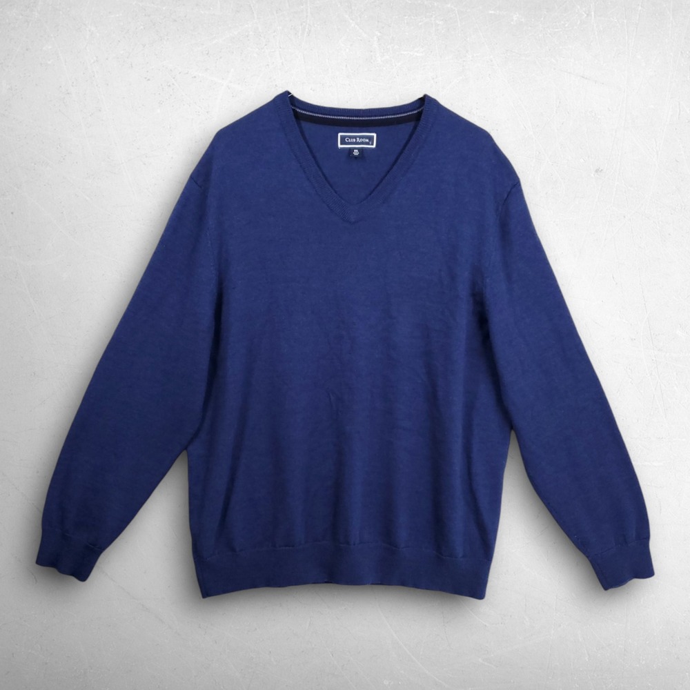 Club Room V-Neck Sweater Men XXL Blue Merino Wool Blend Preppy Business Casual